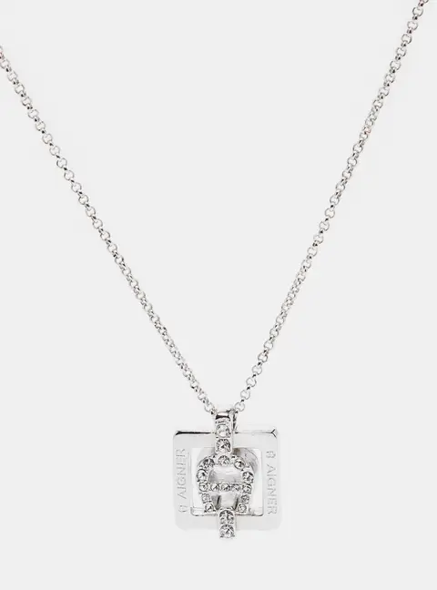 Aigner Silver Tone Square Crystal Logo Pendant Necklace