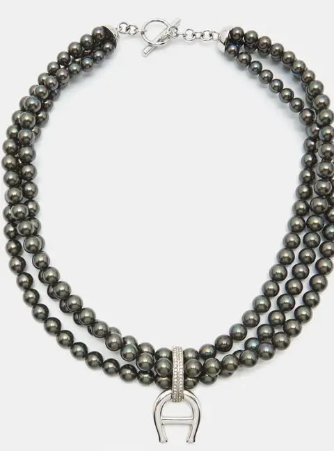 Aigner Logo Crystals Black Faux Pearls Silver Tone  Multistrand Necklace