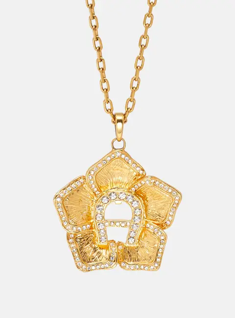 Aigner Gold Tone Crystal Logo Flower Pendant Necklace