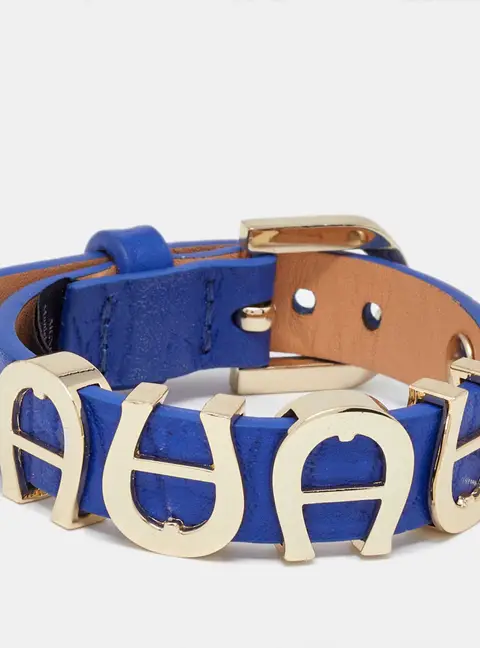 Aigner Blue Leather Gold Tone Logo Wrap Bracelet