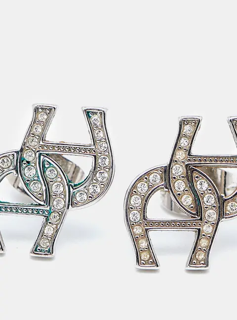 Aigner Logo Crystal Embellished Silver Tone Earrings