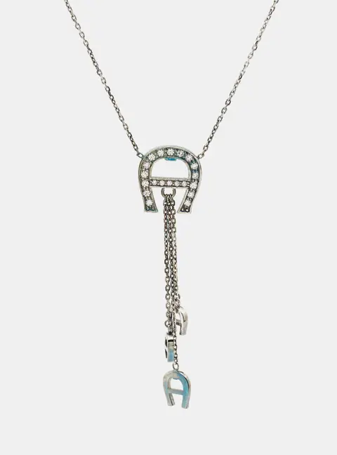 Aigner Logo Crystals Sterling Silver Pendant Necklace