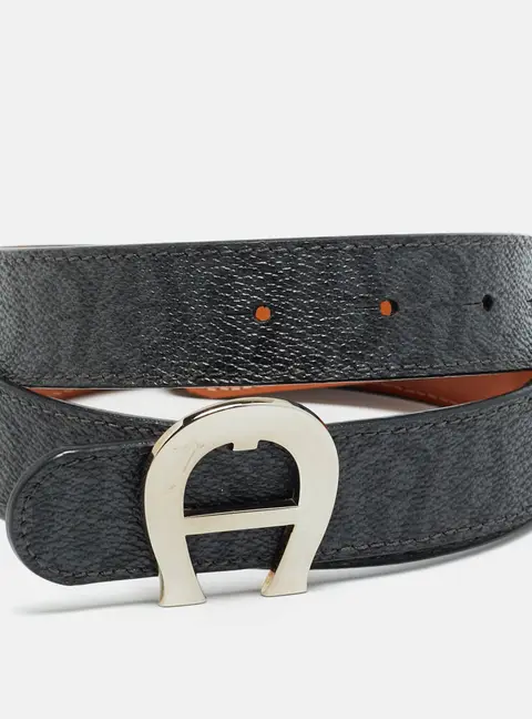 Aigner Logo 85 CM Buckle Belt Grey/Black Signature Coated Canvas