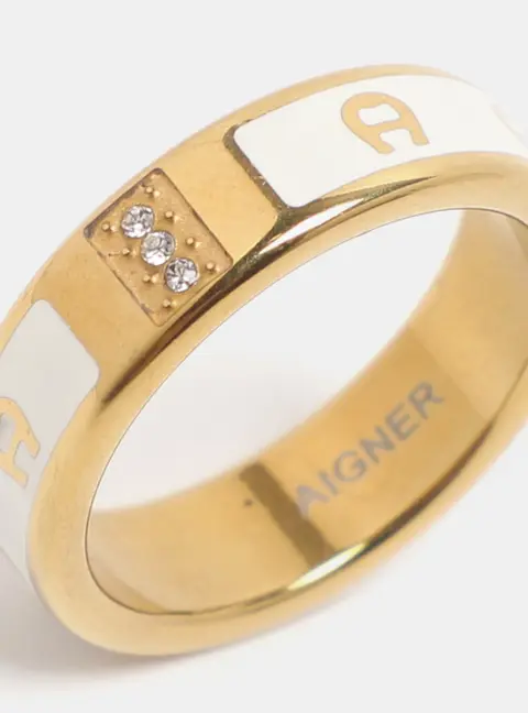 Aigner Cream/Gold Tone Metal and Enamel Band Ring Size 57