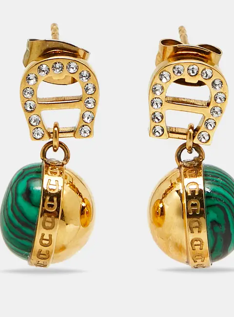 Aigner Logo Crystals Green Resin Gold Tone Earrings