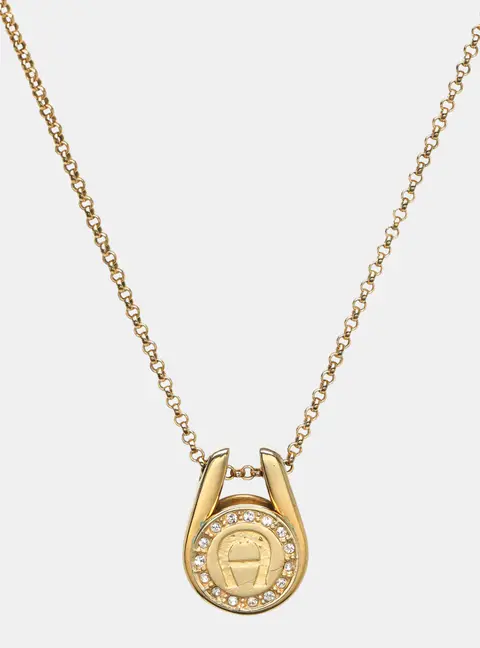 Aigner Gold Tone Crystal Embellished Logo Pendant Necklace