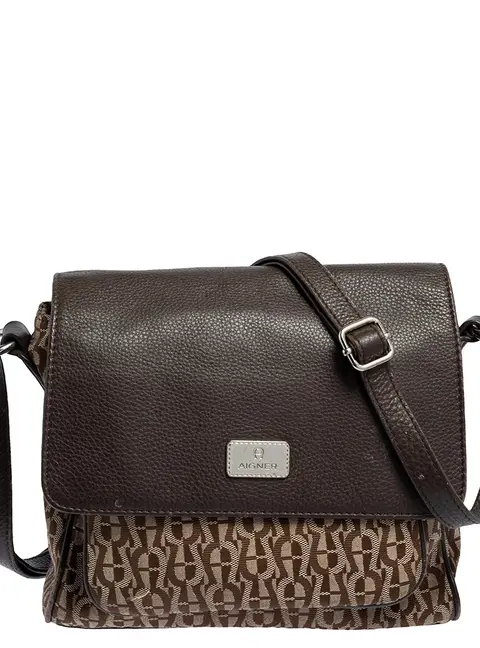 Aigner Beige/Brown Signature Canvas and Leather Flap Shoulder Bag