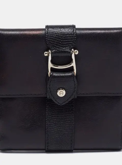 Aigner Black Leather Trifold Compact Wallet