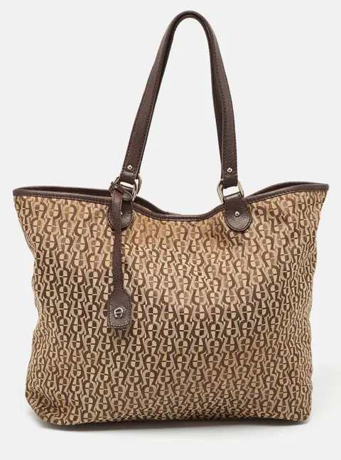 Aigner Brown/Beige Signature Canvas and Leather Snap Tote