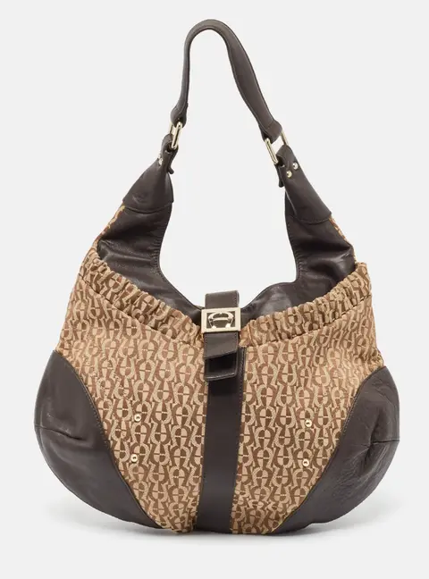 Aigner Brown/Beige Monogram Canvas and  Leather Logo Flap Hobo
