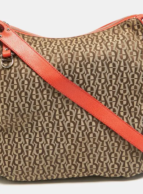 Aigner Beige/Orange Monogram Canvas and Leather Zip Crossbody Bag