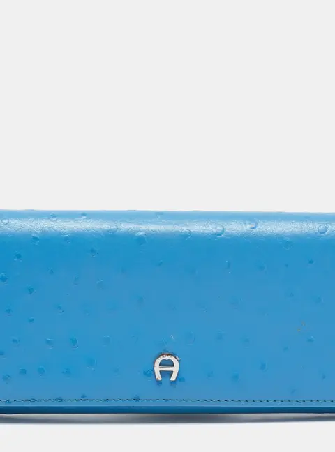 Aigner Blue Ostrich Embossed Leather Logo Continental Wallet