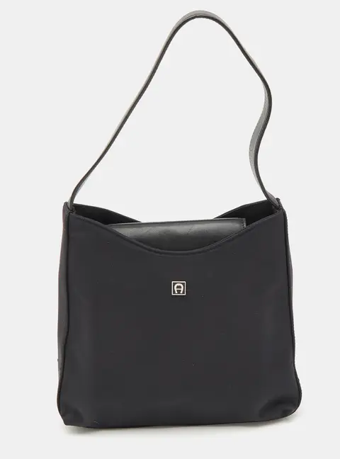 Aigner Black Leather and Nylon Flap Hobo