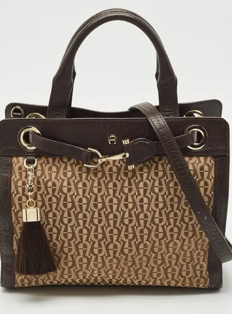 Aigner Brown/Beige Signature Canvas and Leather Cavallina Tote