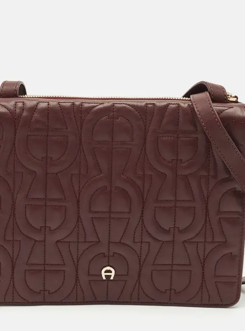Aigner Burgundy Logo Embossed Leather Flap Crossbody Bag