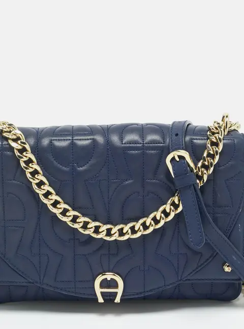 Aigner Navy Blue Embossed Leather Diadora S Crossbody Bag