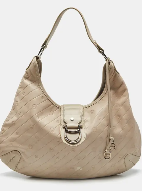 Aigner Light Beige Logo Embossed Leather Charm Hobo