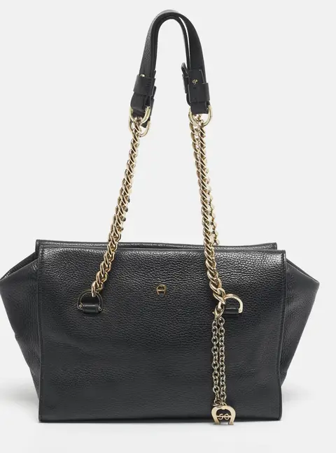 Aigner Black Leather Charm Chain Tote