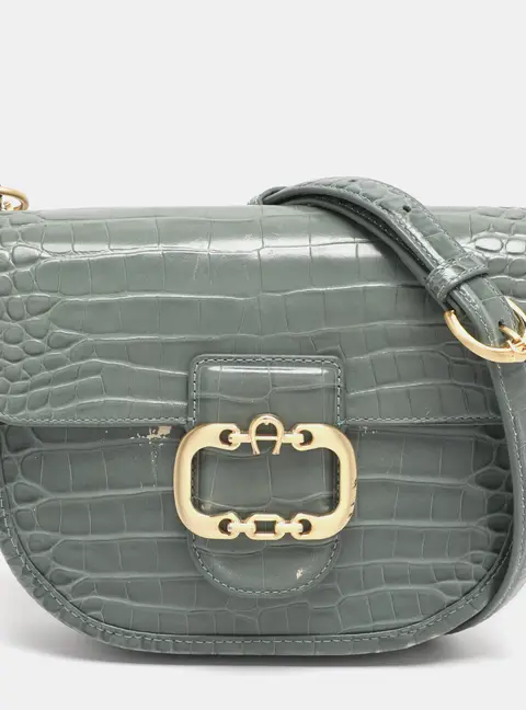 Aigner Green Croc Embossed Leather Celia Crossbody Bag
