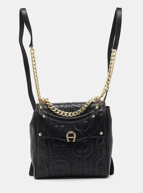 Aigner Black Logo Embroidered Leather Diadora Backpack