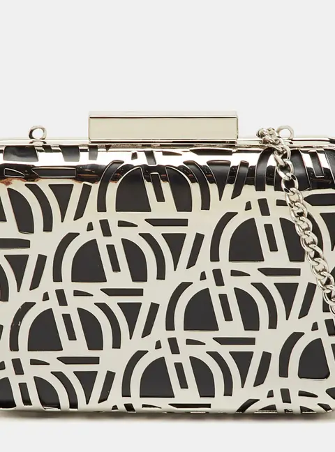 Aigner Tesora Black Leather and Metal Cut-Out Minaudiere Chain Clutch