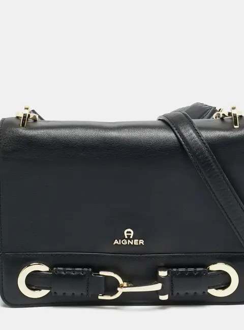 Aigner Black Leather Flap Shoulder Bag