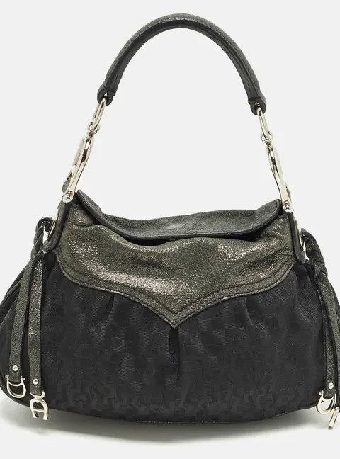 Aigner Black/Green Jacquard Canvas and Iridescent Leather Shoulder Bag