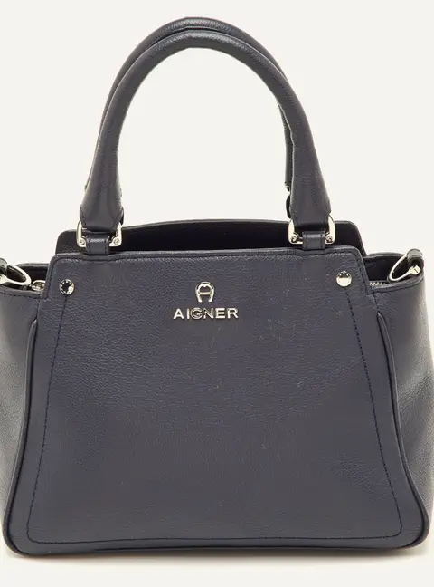 Aigner Navy Blue Leather Top Zip Satchel