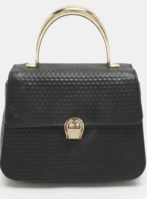 Aigner Genoveva Small Black Textured Leather Top Handle Bag
