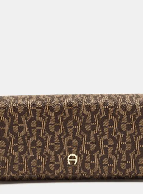 Aigner Logo Flap Brown Signature Coated Canvas Continental Wallet