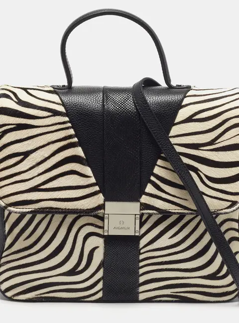 Aigner Black/White Zebra Print Calf Hair and Leather Top Handle Bag