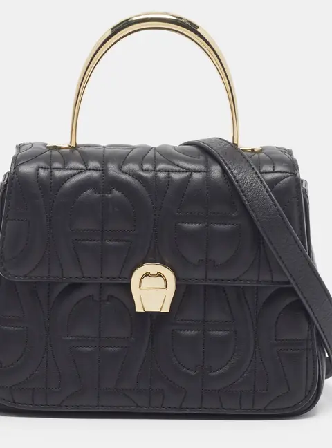 Aigner Genoveva Small Black Logo Embossed Leather Top Handle Bag