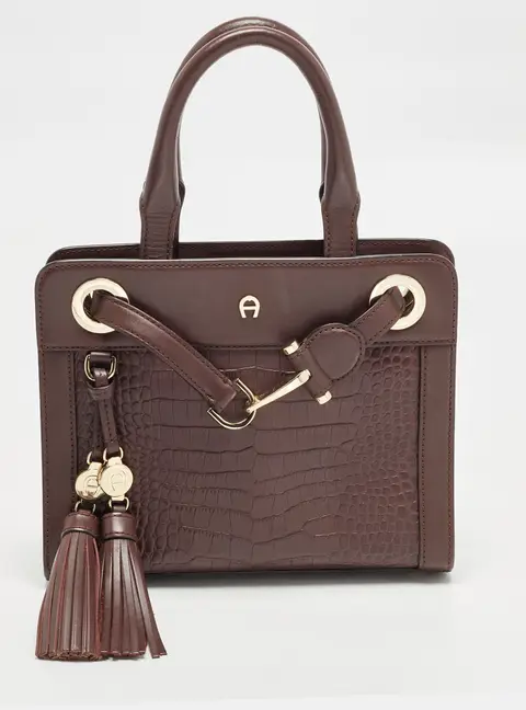 Aigner Cavallina Burgundy Croc Embossed Leather Tote