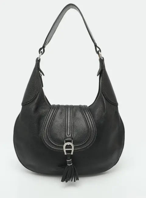 Aigner Black Leather and Lizard Embossed Leather Hobo