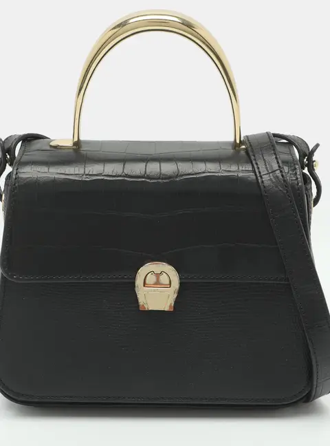 Aigner Genoveva Black Croc and Lizard Embossed Leather Top Handle Bag