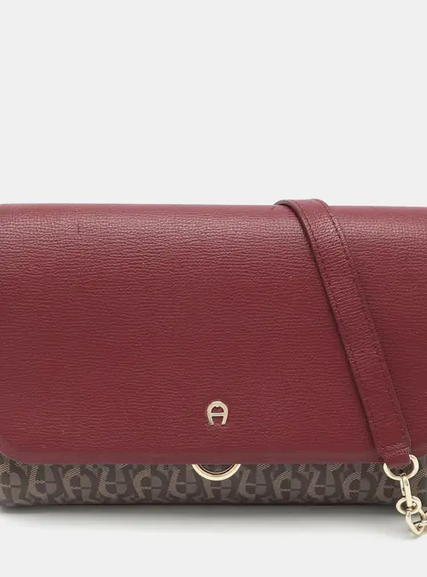 Aigner Grazia Burgundy/Brown Signature Canvas and Leather Shoulder Bag