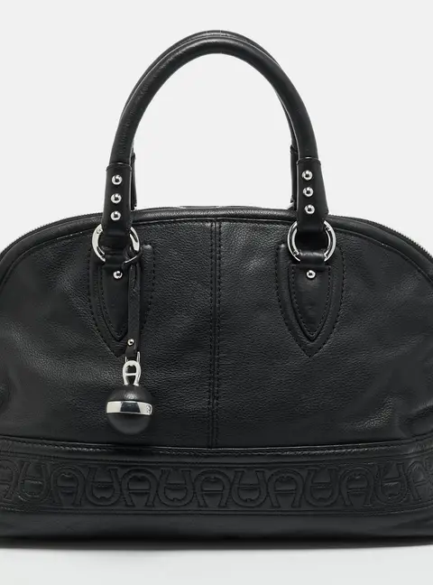 Aigner Logo Embossed Black Leather Dome Bag