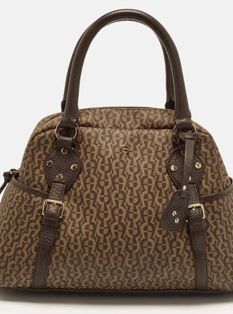 Aigner Brown Signature Coated Canvas Side Pocket Satchel