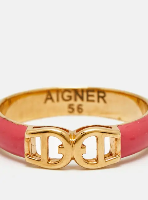 Aigner Logo Enamel Gold Tone Ring Size 56