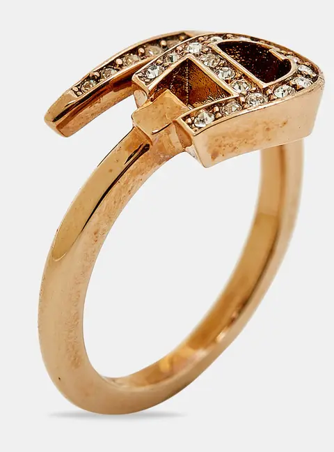 Aigner Logo Crystals Rose Gold Tone Ring Size 52