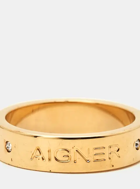 Aigner Logo Crystals Rose Gold Tone Ring Size 55