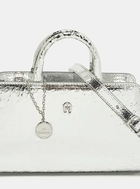 Aigner Cybill Stretch S Mini Silver Crackled Leather Satchel