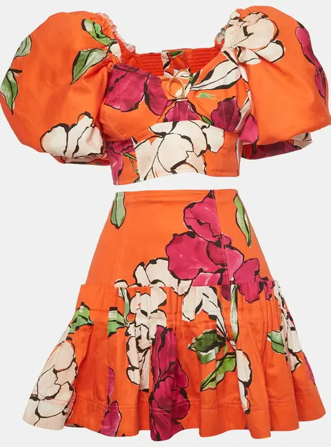 Aje Orange Camellia Print Cotton Marcel Crop Top & Niki Skirt Set L