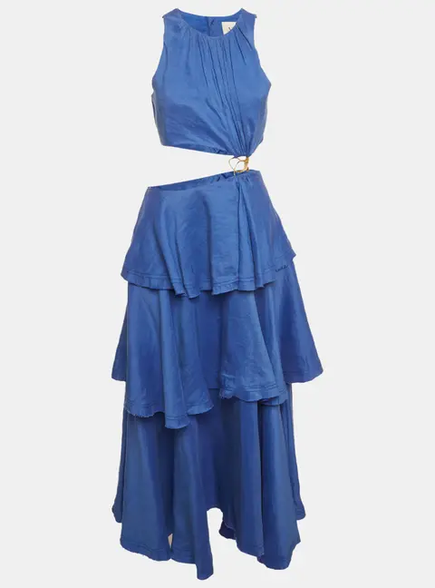Aje Blue Linen Blend Wave Cut Out Midi Dress M