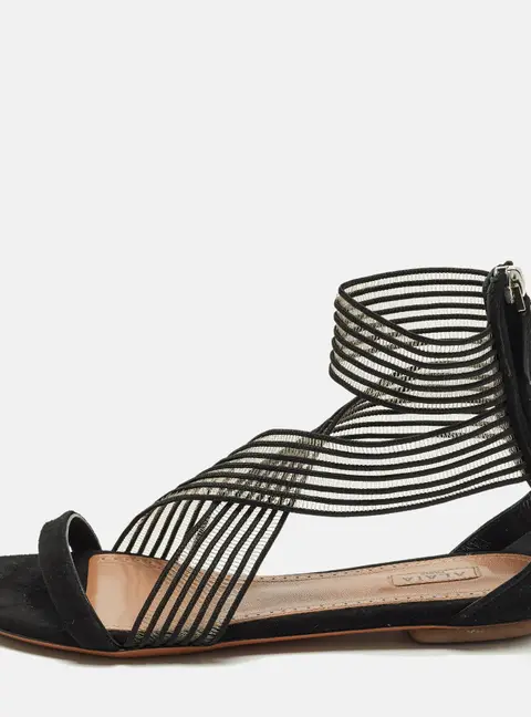 Alaia Size 38 Black Mesh and Suede Ankle Strap Flat Sandals