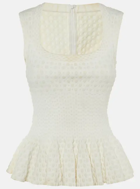 Alaia Ivory Dotted Jacquard Knit Peplum Top M
