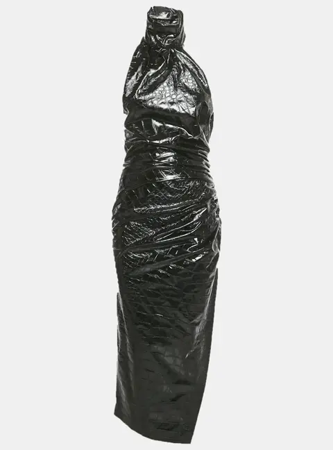 Alaia Black Crocodile Pattern Faux Leather Asymmetric Midi Dress M