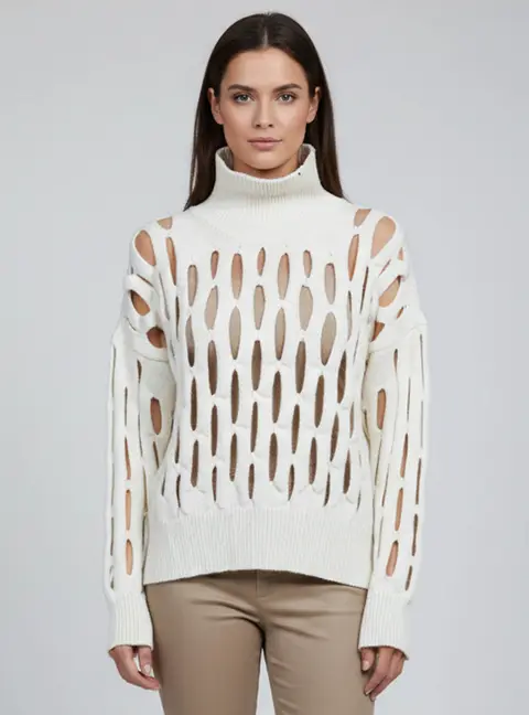 Ala&iuml;a White Knit Cut Out Detail Turtleneck Sweater M