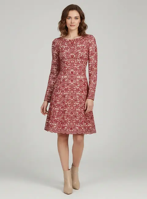 Ala&iuml;a Red & White Floral Jacquard Flared Dress M