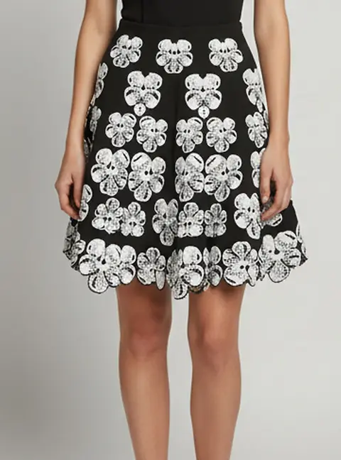 Alaia Monochrome Orchid Floral Jacquard Stretch-Knit Flared Mini Skirt S